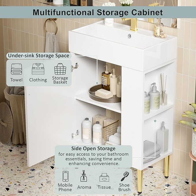 Virubi 21.6 in Small Bathroom Vanity with Sink,Doors and Storage Shelves,Wood Modern Single Fluted Bathroom Sink Cabinet Freestanding (White,Right Shelf)