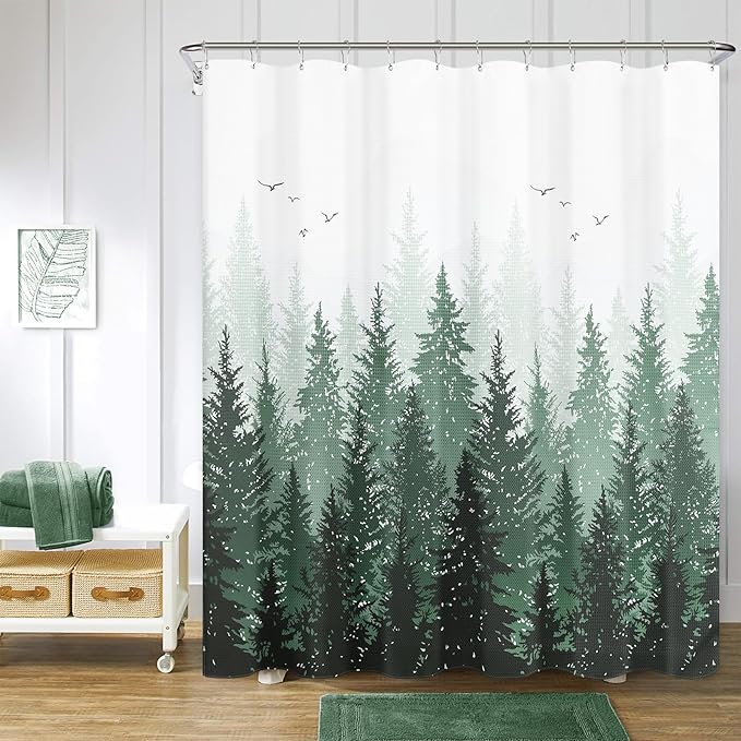 Hokibero Dark Green Misty Forest Mountain Nature Tree Fabric Shower Curtains for Bathroom Waterproof Heavy Duty Green and White Woohitedland Shower Curtain Bathtubs Hotel, 72 x 72 inch