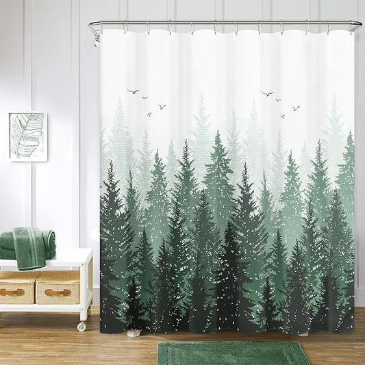 Hokibero Dark Green Misty Forest Mountain Nature Tree Fabric Shower Curtains for Bathroom Waterproof Heavy Duty Green and White Woohitedland Shower Curtain Bathtubs Hotel, 72 x 72 inch