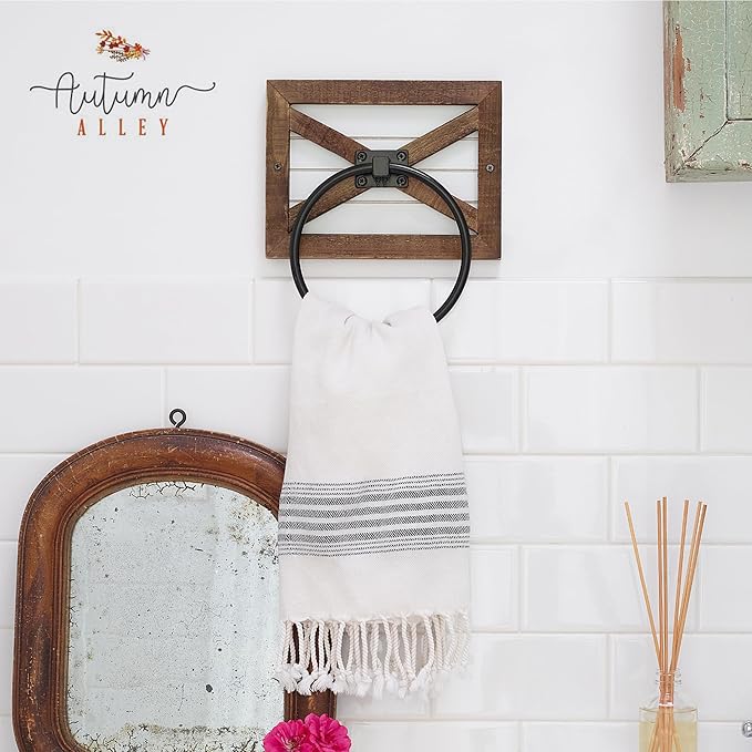 Autumn Alley Farmhouse Decor Hand Towel Ring for Bathroom - Coastal Towel Holder/Rack, Wall Mounted, Mix of Wood, Unique Shiplap & Black Ring