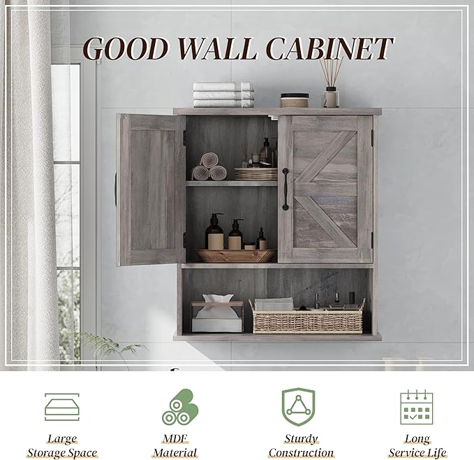 Smuxee Farmhouse Bathroom Cabinet Wall Mounted, Washed Grey Small Medicine Cabinet with Adjustable Shelf, Bathroom Cabinet for Living Room, Laundry Room