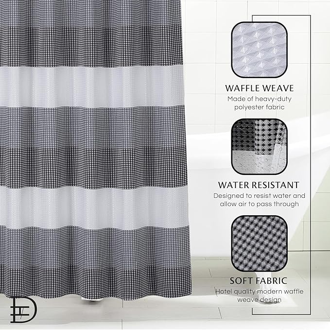 Dainty Home Ombre Waffle Weave Shower Curtain 70 x 72 Black Textured Fabric Shower Curtain, Hotel Style Waffle Weave Bathroom Curtain, Water Resistant Polyester Ombre Shower Curtain