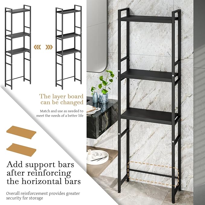 Over Toilet Shelf with Adjustable 3-Tier Shelves & Anti-Slip Base, Freestanding Bathroom Storage Rack, Heavy-Duty Carbon Steel Organizer, Space Saving for Bathroom Laundry, 52x22x162cm Black