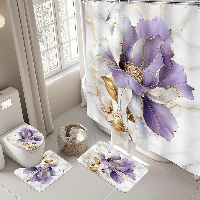 Riyidecor Purple Gold Marble Floral 4Pcs Bathroom Shower Curtain Sets Modern Abstract Flower Bathroom Decor Set with Rugs and Accessories Minimalist Toilet Lid Rug, Contour and Bath Mat with 12 Hooks