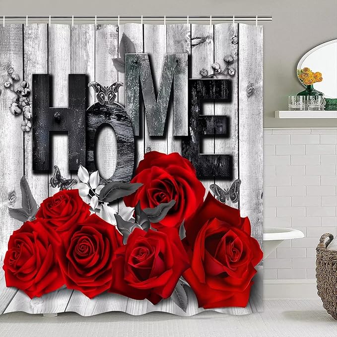 Yddsky Red Rose Valentines 4 Pcs Shower Curtain Sets Non-Slip Rugs Bath Mat Toilet Cover U Shaped Mat Romantic Red Bathroom Decor with 12 Hooks Valentines Day Bathroom Set