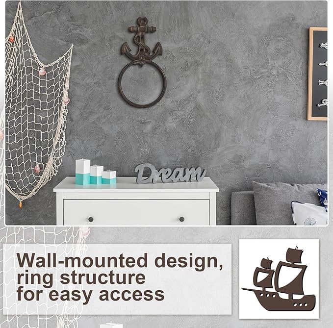 2 Pcs Nautical Towel Ring Cast Iron Anchor Hand Towel Holder Vintage Decorative Wall Mount Kitchen Bathroom Hanger for Ocean Nautical Bathroom Decor Accessories(Rust)