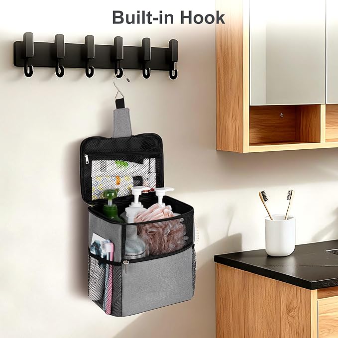 Mesh Shower Caddy Hanging Portable, Bathroom Caddy Organizer for College Dorm Essentials, Shower Tote Bag with Built-in Hook for Beach, Swimming, Gym camping (Grey)