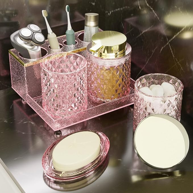 Glass Bathroom Accessories Set 5Pcs Crystal - Foaming Soap Dispenser, Soap Dish, Cup, Acrylic Toothbrush Holder with Tray Organizer, Qtip Jar, Bathroom Counter Set Sink Decor (Pink)