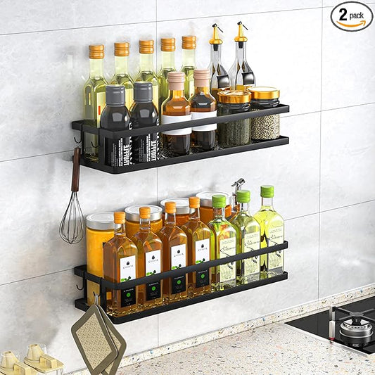 PUSDON 2-Pack 16.5" Extra Long Slim Shower Caddy, Adhesive Wall Mount Bathroom Organizer, Rustproof Open Frame Mesh Spice Rack for Kitchen, Holds 50LBS - Matte Black, Guardrail