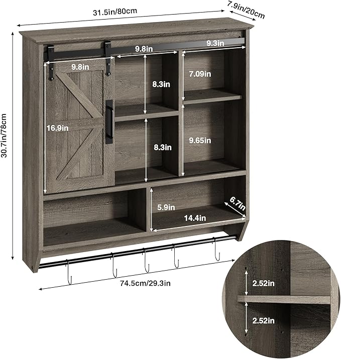 RUSTOWN Farmhouse Bathroom Wall Cabinet,3-Tier Rustic Wood Wall Mounted Cabinets,Vintage Medicine Cabinet with Sliding Barn Door and Adjustable Shelves,Over The Toilet Storage Cabinet (Washed Oak)