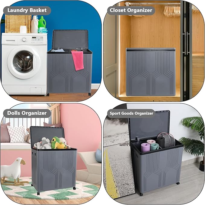 Morcte 120 L Double Laundry Hamper with Lid and Wheels, Collapsible 2 Section Plastic Laundry Hamper, Gray
