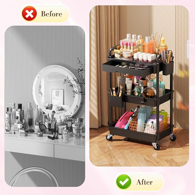 Makeup Cart Organizer with Drawers, Floor Skincare Organizers Vanity Storage Organizer, Rolling Makeup Bathroom Storage Cart Cosmetics Display Cases for Skin Care Perfume Nail Polish, Black