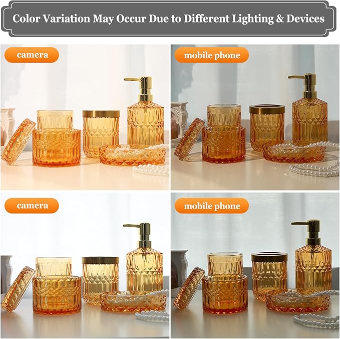 Orange Glass Bathroom Accessories Set 5 Pcs, Orange Bathroom Set, Soap Dispenser and Toothbrush Holder Set, Qtip Holder Set, Vintage Bathroom Sink Set, Cute Bathroom Decor