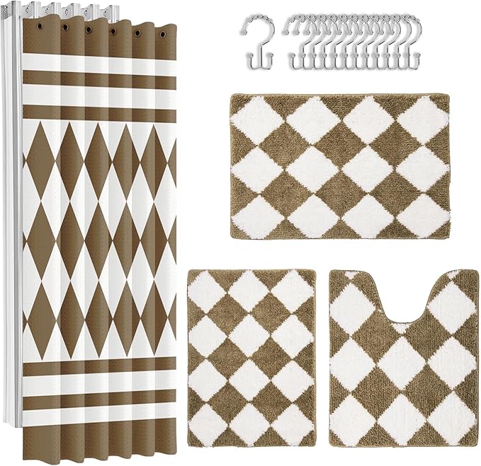 Britimes Brown Geometric Bathroom Sets with Shower Curtain and Rugs, Ombre Modern Minimalist Striped Waterproof Shower Curtain Liner and Soft Non Slip Bath Mat for Bathroom Decor and Accessories Hooks