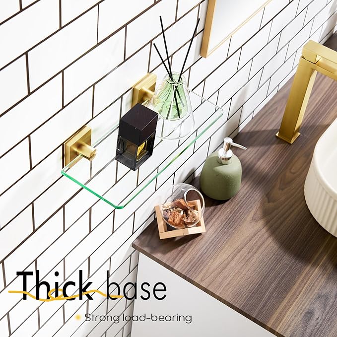 KOKOSIRI Wall Shelves 12 Inches Tempered Glass Shelf Floating Rack for Kitchen Storage Home Decor Bathroom Hardware, Gold Stainless Steel B1107BG-L12