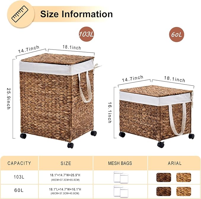 Rolling Hand-woven Laundry Hamper with Lid, Laundry Basket with Wheels for Laundry Room (Espresso, 60L)