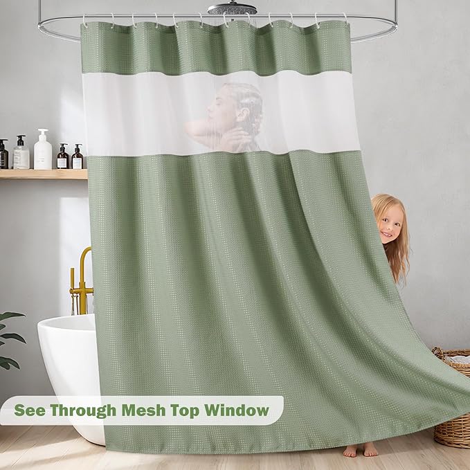 UFRIDAY Waffle Weave Shower Curtain with Mesh Window, Green,36 x 72 Inches, Waterproof