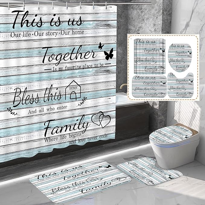 juwute 4Pcs Family Shower Curtain Sets with Non-Slip Rugs, Toilet Lid Cover and Bath Mat, Wood Grain Home Bathroom Decor Set Accessories Waterproof Shower Curtains with 12 Hooks, 72 x 72 Inch