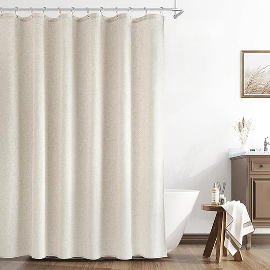 Naturoom Linen Shower Curtain 82 Inch Long Weighted Thick Fabric Bath Shower Curtain Set with Hooks, XLong Tall Country Farmhouse Beige Curtains for Bathroom, 72x82