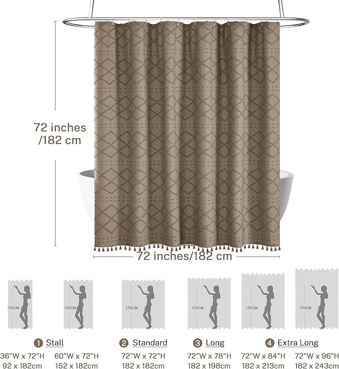 Boho Farmhouse Shower Curtain, 72 x 72 Tufted Chevron Textured Striped Modern Minimalist Cloth Shower Curtain for Bathroom