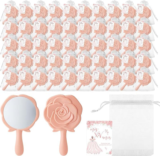 Sintuff 50 Sets Quinceañera Party Favors for Guests, 50 Pack Rose Compact Mirrors Bulk with Thank You Cards & Organza Bags, Souvenirs for Girls