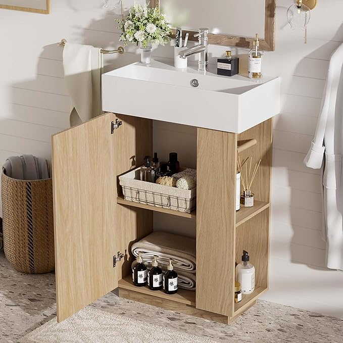 Virubi 21.6" Small Fluted Bathroom Vanity with Sink,Soft Closing Doors and Storage Shelves,Natural Wood Single Bathroom Sink Cabinet Combo Freestanding, Natural Wood
