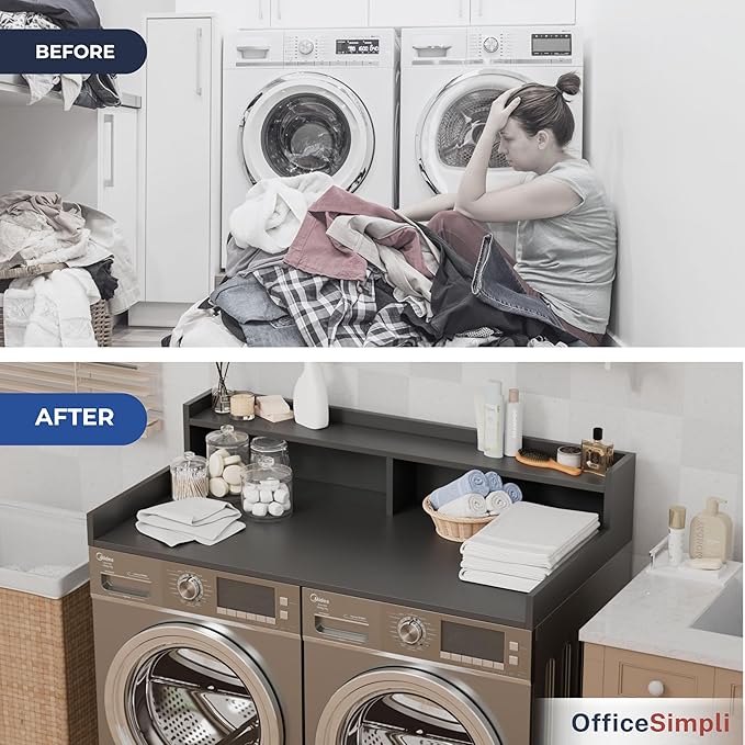 OfficeSimpli Large Washer Dryer Countertop with Shelf - 30 x 58 Inch - Made in USA Laundry Countertop Over Washer and Dryer with Non-Slip Pads, Storage Shelf, Laundry Topper Organizer, Grey