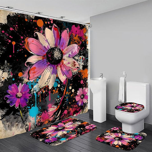 AZHM Watercolor Daisy Floral Shower Curtain Set 4 PCS Black and Pink Rustic Farmhouse Floral Bathroom Accessories Set Includes Shower Curtain, Non-Slip Rugs Toilet Lid Cover and Bath Mat and 12 Hooks