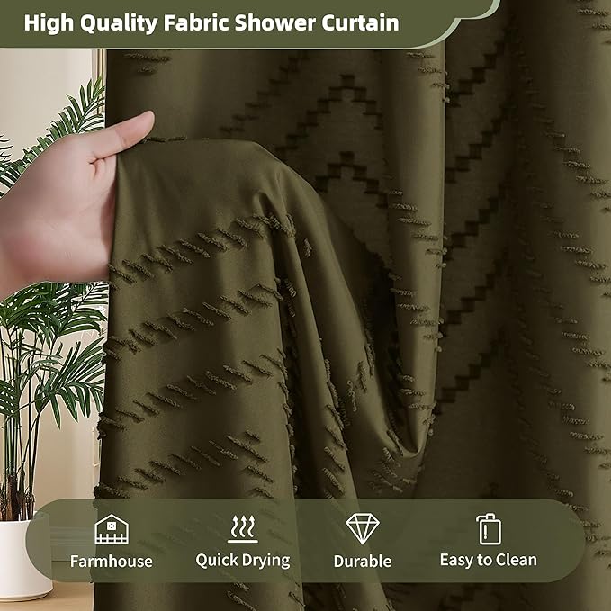 Boho Shower Curtain with Tassel Woven Fabric Olive Green Shower Curtain 72 x 72 Modern Farmhouse Textured Tufted Chevron Striped Minimalist Bathroom Shower Curtains
