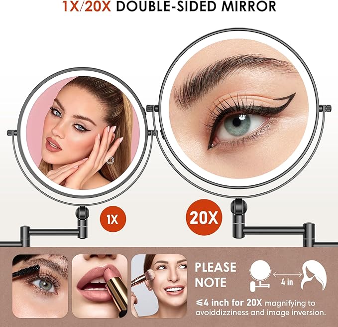 ZLOKLA 9" Wall Mounted Lighted Makeup Mirror,4000mAh Rechargeable Double Sided 1X/20X Magnifying Mirror with Light,Touch Dimmable,Extended Arm 360 Rotation Wall Mounted Makeup Mirror 3 Color Lights-B