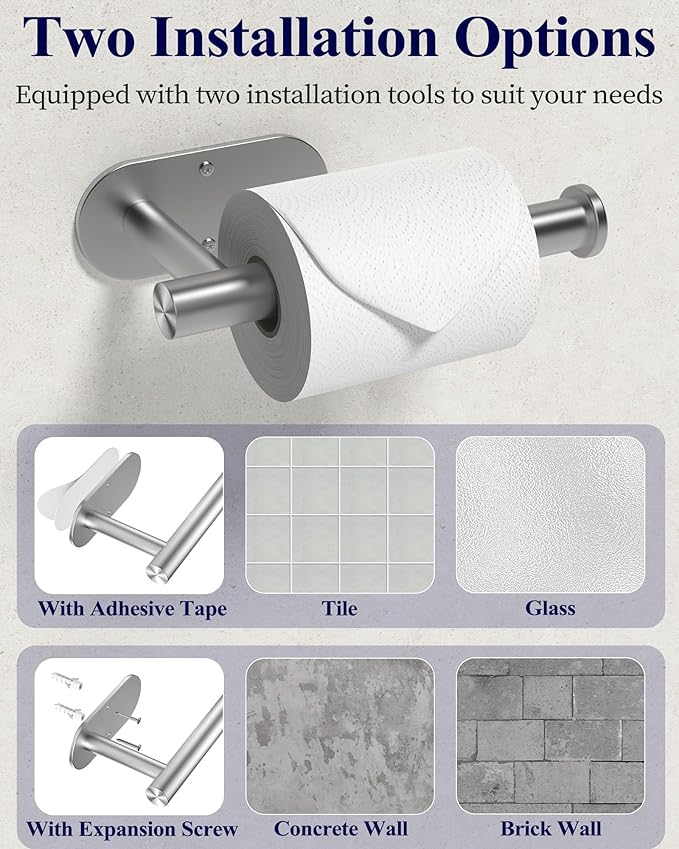 Kitsure Bathroom Toilet Paper Holder - Premium Waterproof Stainless Steel Wall-Mount & Adhesive Toilet Paper Holder, Installation, Ideal for Bathroom, Washroom, RV, Silver, 6.5" L