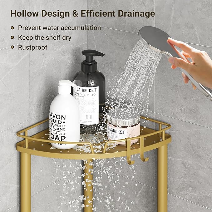 ELYKEN Corner Shower Caddy Standing, 4 Tier Rustproof Metal Shower Organizer with Soap Holder, Floor Shower Corner Shelf Rack Storage Stands with Adjustable Feet & 2 Hooks for Bathroom, Gold