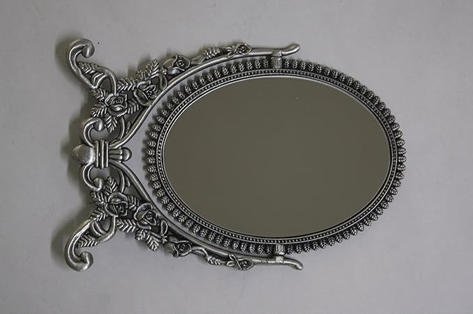 SEHAMANO Vintage Antique Embossed Roses Pattern Makeup Table Mirror, Decorative Oval Shaped Stand Mirror, Vanity Cosmetic Double Sided Rotatable Ellipse Metal Frame Mirror (Tin (Matt Grey), Large)