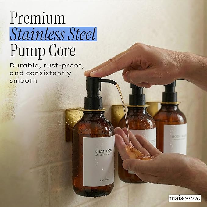 Shampoo and Conditioner Dispenser Wall Mounted Set of 3 Amber Gold - No Drill Shower Soap Dispenser for Bathroom Refillable - Spa Hotel Style Accessories by MaisoNovo