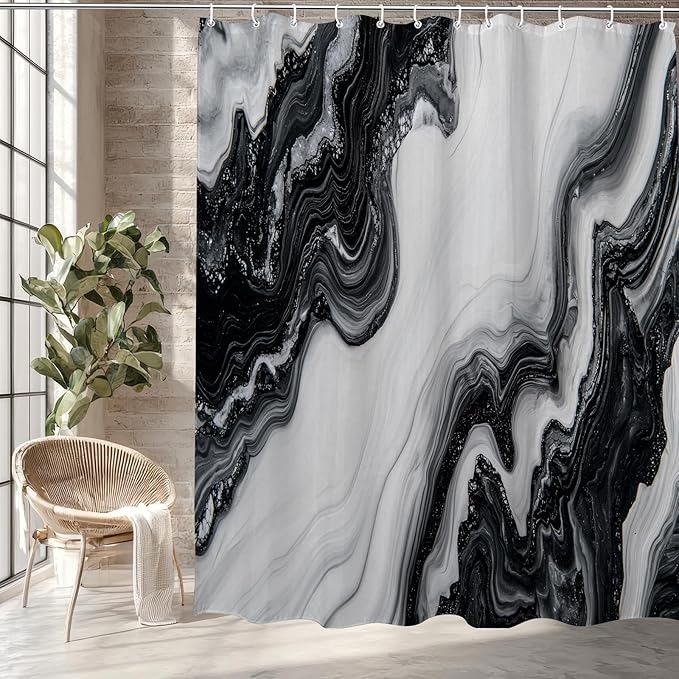 Black White Marble Shower Curtain Abstract Morden,Natural Texture Neutral Fabric Shower Curtains for Bathroom Decor 72x72 Inch