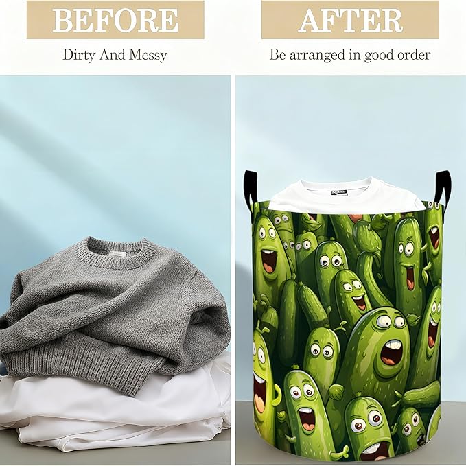 Funny Pickle Laundry Basket Hamper for Boys Girls Kids Adults, Foldable Waterproof Oxford Clothes Storage Bin, Cartoon Organizer for Bedroom Bathroom Room Decor 19.7"x15.8"