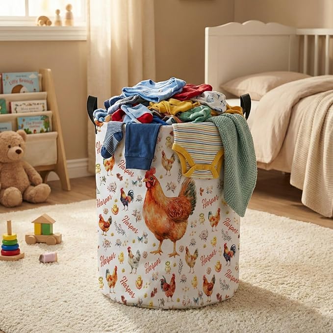 Personalized Chicken Laundry Baskets,Custom Chicken Gifts for Kids Boys Girls Adults Room,Collapsible Clothes Storage Organizer,16.5 X 13.8in