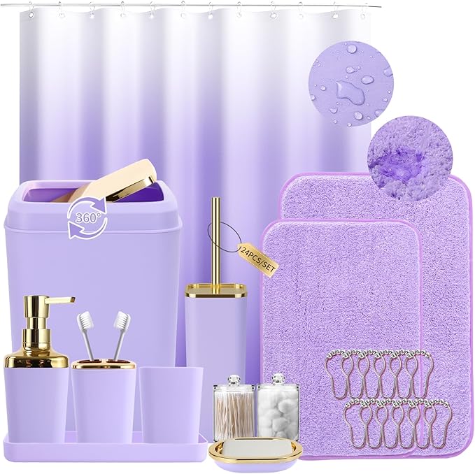 XLHOMO Bathroom Set - Purple Bathroom Sets with Shower Curtain and Rugs, 24PCS Shower Curtain Set with Hooks, Soap Dispenser, Soap Dish, Toilet Brush Holder and Trash Can for Housewarming