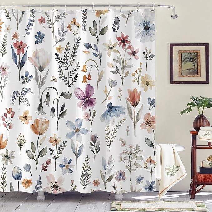 Aipon Watercolor Floral Shower Curtain Colorful Spring Flower Shower Curtains for Bathroom Boho Grey Pink Wildflower Botanical Leaf Waterproof Fabric Bath Curtain Decor 72 X 72 Inches