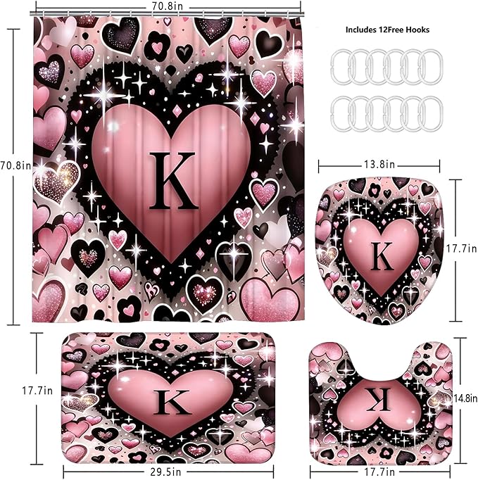 AZHM Romantic K Heart Shower Curtain Set 4 PCS Pink Love Theme Bathroom Decor for Wedding and Valentine's Day Gift with Rugs and 12 Hooks