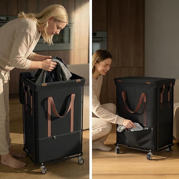 150L Rolling Laundry Basket with Wheels and 2 Removable Bags, Double Laundry Hamper with Lid, 2 Section Large Capacity for Laundry Bedroom Bathroom Dorm, Easy Move & Organize 19.7"x15.7"x31.9", Black