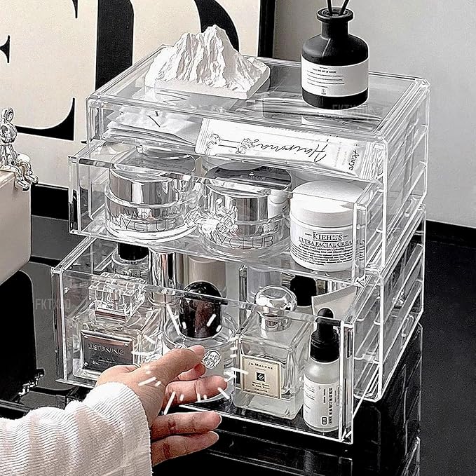 Clear Stackable Makeup Storage Organizer Drawer, Acrylic Plastic Organizers Bins, Vanity Countertop Containers, Cosmetic Holder Display Case for Vanity, Bathroom,Cabinet,Desk Organization