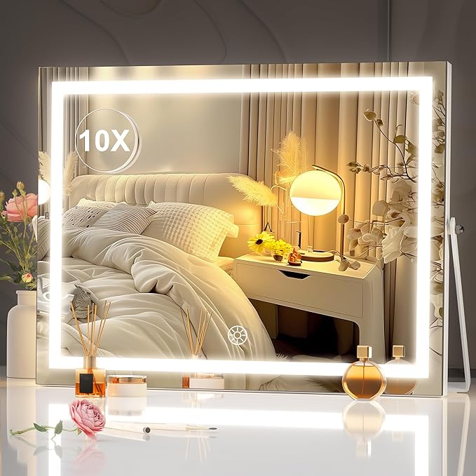 Hasipu Vanity Mirror with Lights, 17.7" x13.8” - 10X Magnification, Smart Touch 3 Color Modes, Brightness Control & 360° Rotation