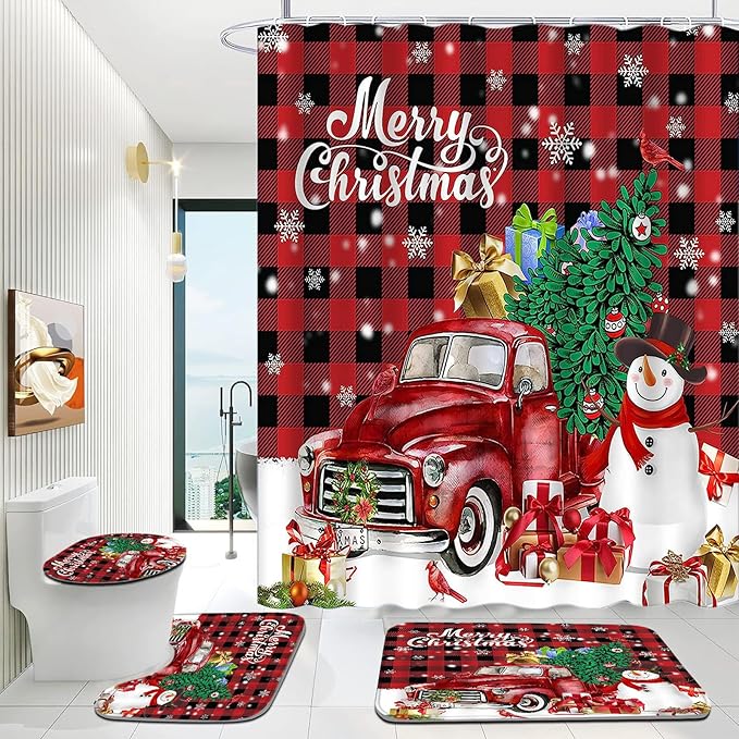 Yizheer Merry Christmas 4Pcs Snowman Waterproof Shower Curtain Set with Non-Slip Rugs, Toilet Lid Cover and Bath Mat, Bathroom Home Decor Set