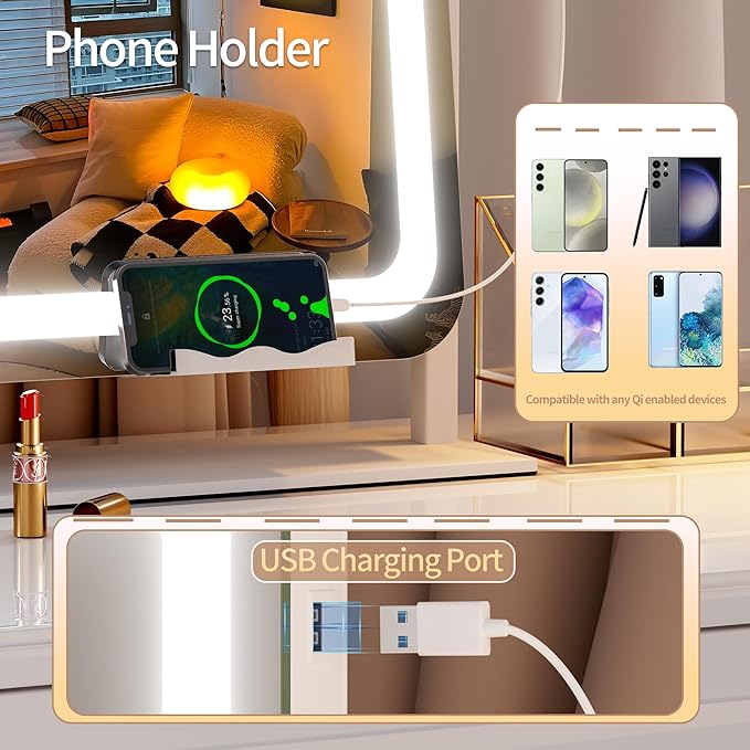 Hasipu Vanity Mirror with Lights and Bluetooth Speaker, 23.6" x 19.7" LED Makeup Mirror, Light up Mirror with 10X Magnification, USB Charging Port, Smart Touch 3 Colors Dimmable (White)