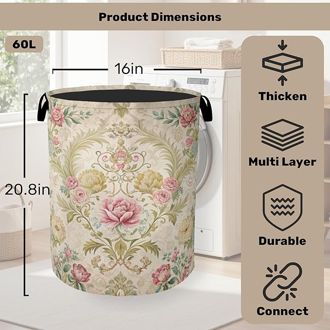 Shabby Chic Rose Laundry Basket with Handles - Extra Large Foldable Hamper for Bathroom/Laundry/Bedroom/Dorm, Washable Fabric Storage Bin