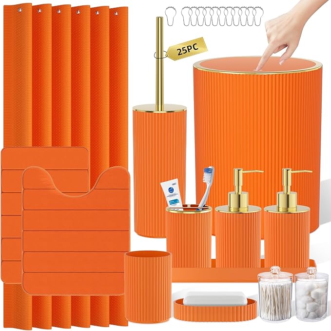 Orange Bathroom Accessories Set - Bathroom Sets, 25PC Bath Accessory Set, Bathroom Sets with Push Top Trash Can, Shower Curtain and Rugs, Toilet Brush, Trash Can & Soap Dispenser