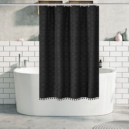 Stall Boho Black Woven Fabric RV Shower Curtain with Tassels 48 x 64 Modern Farmhouse Minimalist Tufted Chevron Striped Shabby Chic Textured, Water Resistant Curtain for Bathroom, Hotel Decor
