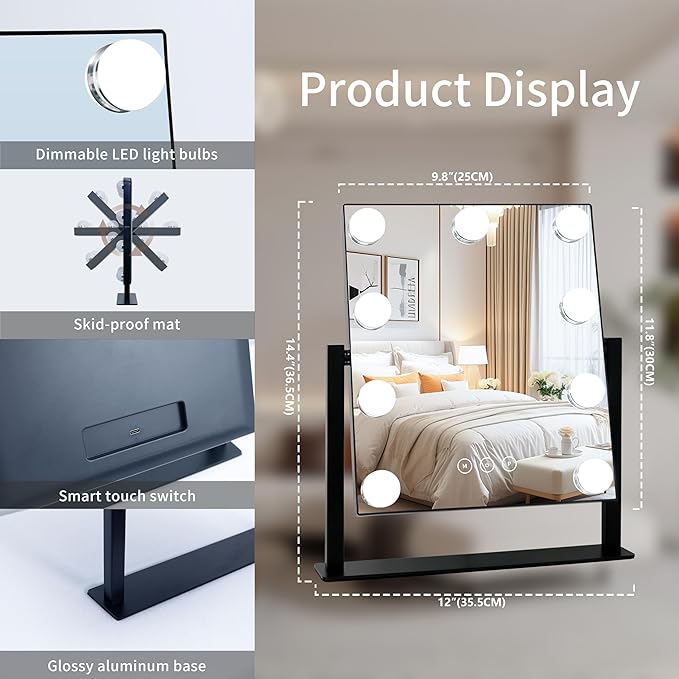 Kotdning Vanity Mirror with Lights,Lighted Vanity Mirror with 9 Dimmable Bulbs for Dressing Room & Bedroom,3 Color Lighting,Modes Detachable 10x Magnification 360°Ratation (Black) 12" L x 14.4" W