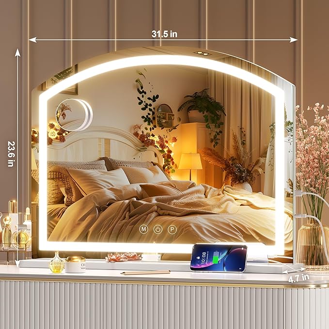 Hasipu Arch Vanity Mirror with Light, Arched Led Makeup Mirror with 10X Magnification, Tabletop Desk Mirror with USB Charging Port, Dimmable 3 Colors Mode, 32" x 24" Inch